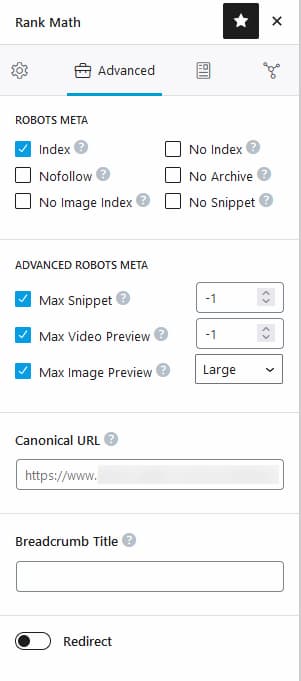 RankMath advanced SEO setting for post