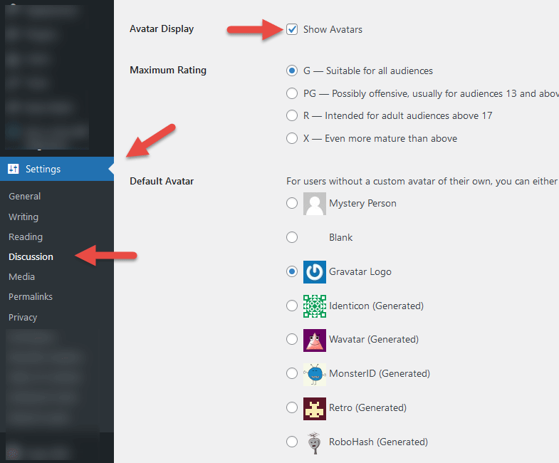 show avatars wordpress settings